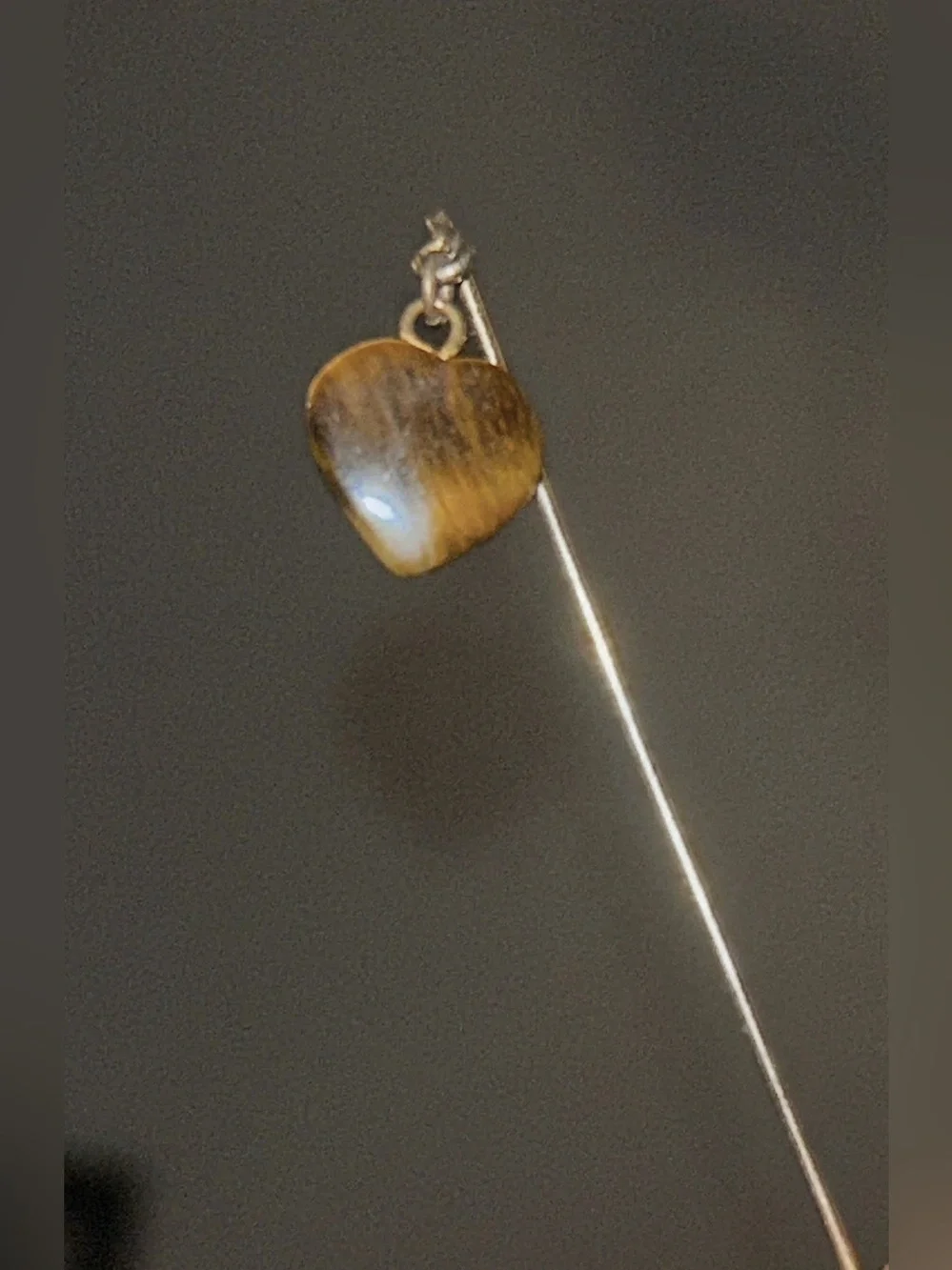Tiger Eye Dangling Heart Charm & Scallop Edge Oval Stick Pin Set EUC